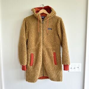 Patagonia Dusty Meka Hooded Mid Length Zip Up Fleece Parka Coat Brown S
